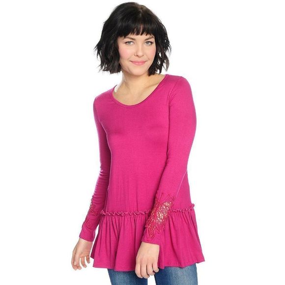 Kimberly Rose Boutique Tops - Deep Fuchsia Long Sleeve Scoop Neckline Top with Ruffle Hemline and Lace Detail